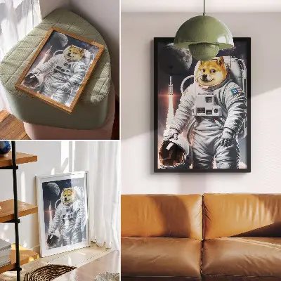 Poster hund i rymddräkt med rymdraket på månen