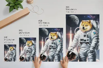 Poster hund i rymddräkt med rymdraket på månen