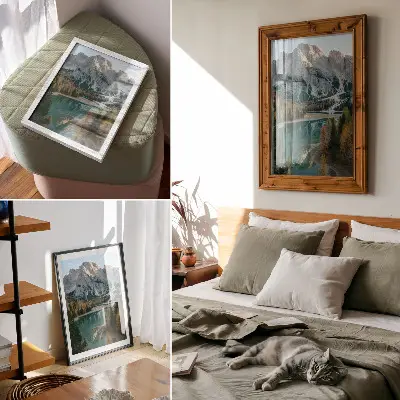 Poster med motiv av berg, skog, sjö och färgglada träd med reflektioner