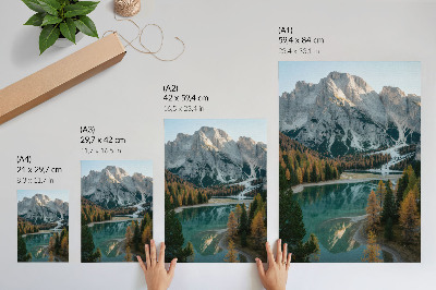 Poster Berg, skog, sjö, reflektioner, färgglada träd