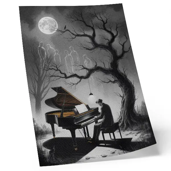 Hållbar väggposter med motiv av spöken, piano och måne i dämpade färger