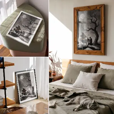 Hållbar väggposter med motiv av spöken, piano och måne i dämpade färger