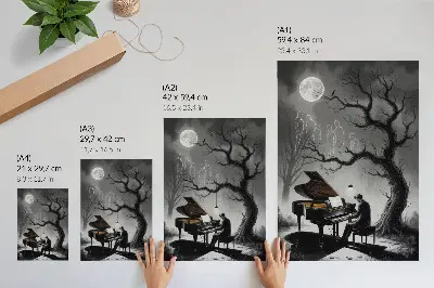 Hållbar väggposter med motiv av spöken, piano och måne i dämpade färger
