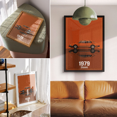 Affisch Retro bil i orange vintage stil spegel