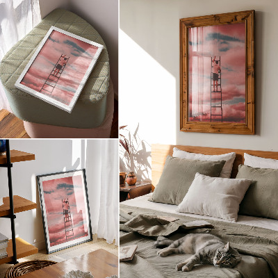 Hållbar väggposter Person på stege rosa moln himmel drömmar
