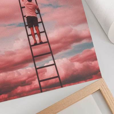 Hållbar väggposter Person på stege rosa moln himmel drömmar