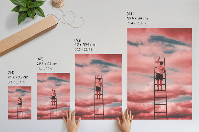 Hållbar väggposter Person på stege rosa moln himmel drömmar