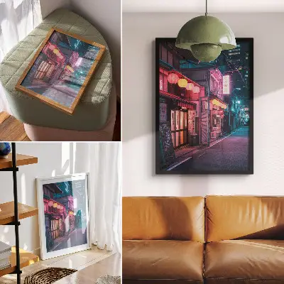 Hållbar väggposter med motiv av charmig stadsgata på natten i neonlyktor