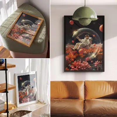 Hållbar väggposter med motiv av astronaut i rymden med färgglada växter och kosmos