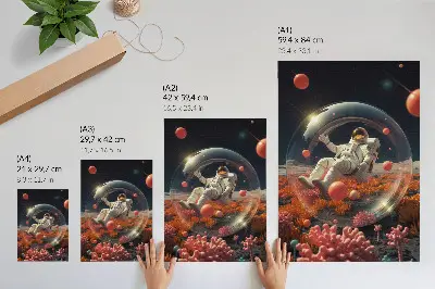 Hållbar väggposter med motiv av astronaut i rymden med färgglada växter och kosmos