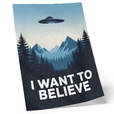 Poster med motiv av UFO i mystisk skog och berg i modern stil