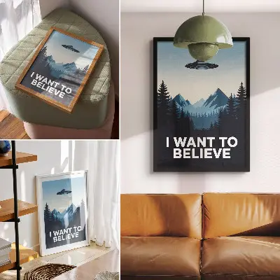 Poster med motiv av UFO i mystisk skog och berg i modern stil