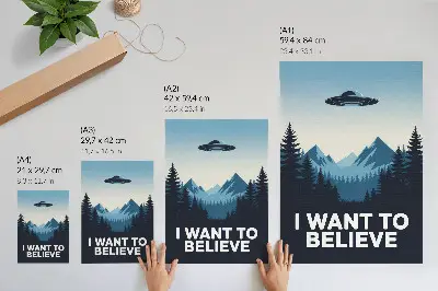 Poster med motiv av UFO i mystisk skog och berg i modern stil