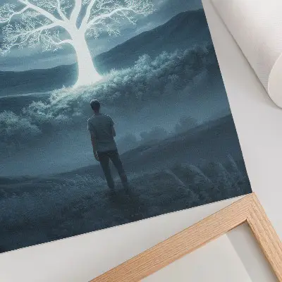 Poster magiskt träd mot en nattlig landskapsbakgrund