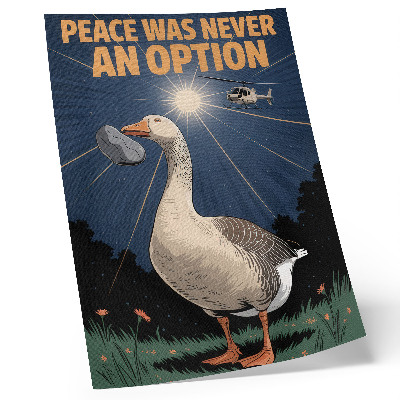 Poster En gås med en sten och en helikopter i bakgrunden