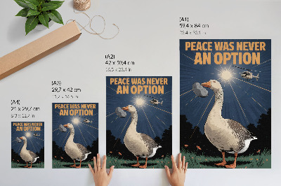Poster En gås med en sten och en helikopter i bakgrunden