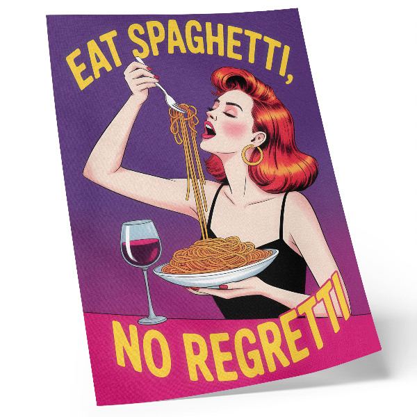 Affisch Färgglad kvinna som äter spaghetti med vin