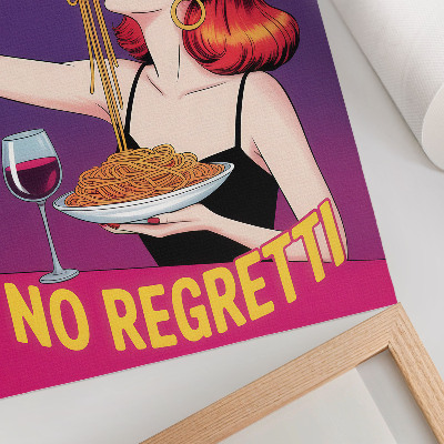 Affisch Färgglad kvinna som äter spaghetti med vin