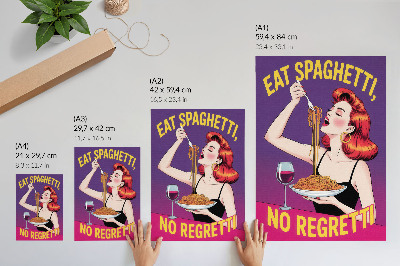 Affisch Färgglad kvinna som äter spaghetti med vin
