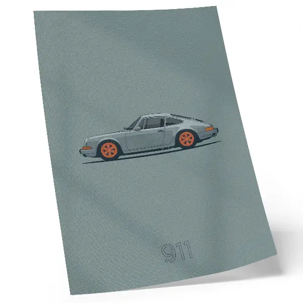 Poster klassisk bil med orangea fälgar mot en grå bakgrund