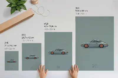 Poster klassisk bil med orangea fälgar mot en grå bakgrund
