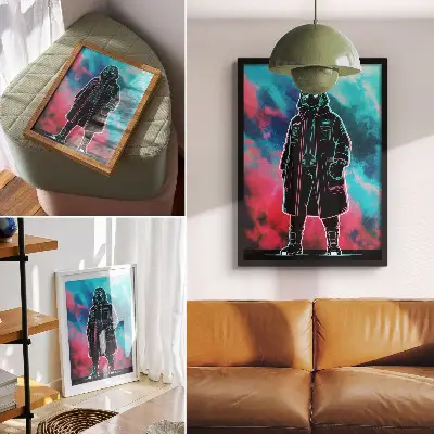 Dekorativ väggaffisch med en futuristisk figur mot en färgglad himmel