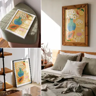 Affisch med motiv av saftiga frukter och färgglada prästkragar i illustrativ stil