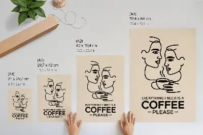 Poster med minimalistiska ansiktskonturer och en kopp kaffe