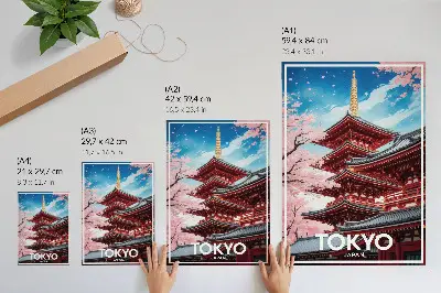 Hållbar väggposter med motiv av pagodarkitektur och rosa blommor i harmoni