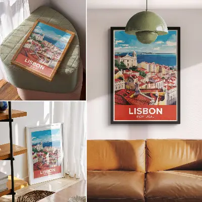 Poster stadspanorama i varma färger med fridfull atmosfär