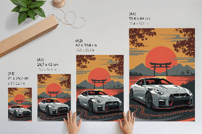 Affisch En bil i ett harmoniskt japanskt landskap
