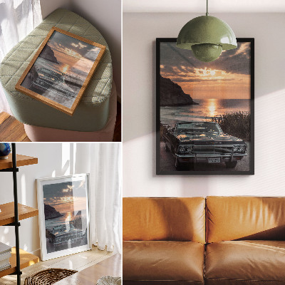 Hållbar väggposter Retro bil solnedgång hav nostalgisk