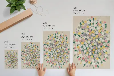 Dekorativ väggaffisch med motiv av färgglada blommor och pastellfärgade blad
