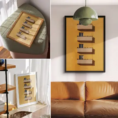 Affisch gul fasad med fyra balkonger i minimalistisk komposition