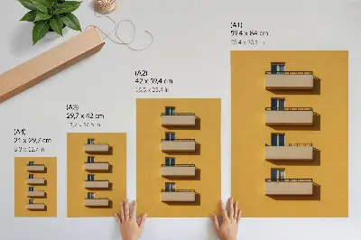Affisch gul fasad med fyra balkonger i minimalistisk komposition