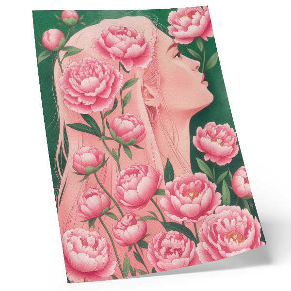 Hållbar väggposter En kvinna bland rosa pioner mot en grön bakgrund