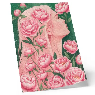 Hållbar väggposter med motiv av en kvinna bland rosa pioner mot en grön bakgrund
