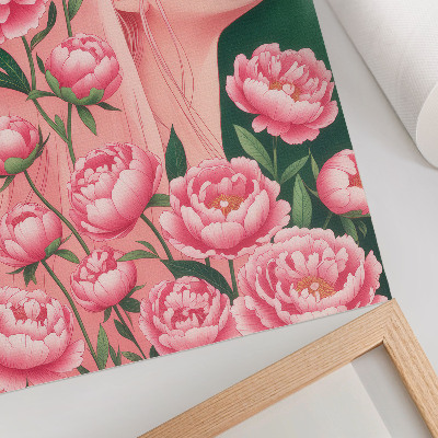 Hållbar väggposter En kvinna bland rosa pioner mot en grön bakgrund