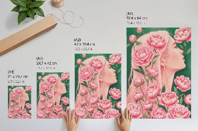 Hållbar väggposter En kvinna bland rosa pioner mot en grön bakgrund