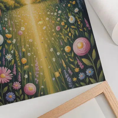 Väggaffisch motiv med skogsstig, blommor och solstrålar