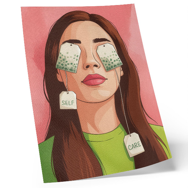 Affisch Färgglad bakgrund med gröna detaljer och en figur med te