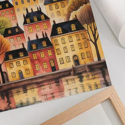 Poster stämningsfull stad på natten med måne