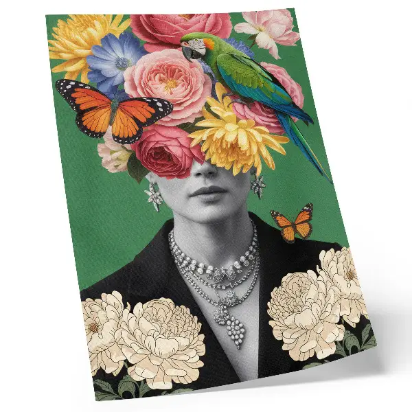 Poster med motiv av blommor, fåglar, fjärilar, eleganta figurer och surrealism