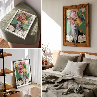 Poster med motiv av blommor, fåglar, fjärilar, eleganta figurer och surrealism