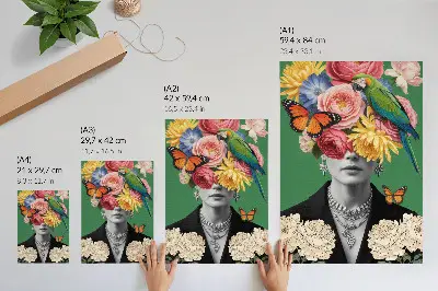 Poster med motiv av blommor, fåglar, fjärilar, eleganta figurer och surrealism