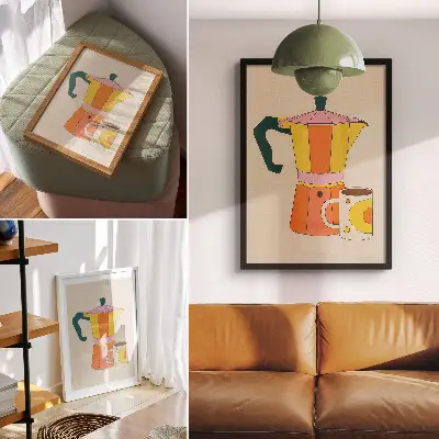 Affisch geometrisk kaffekanna och mugg i livfulla och optimistiska färger