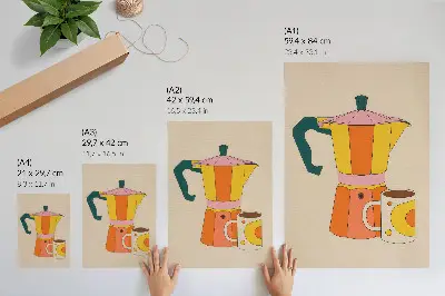 Affisch geometrisk kaffekanna och mugg i livfulla och optimistiska färger