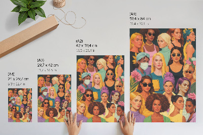 Hållbar väggposter Färgglada porträtt av kvinnor med olika modefrisyrer.