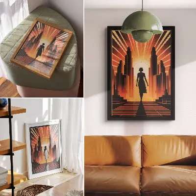 Poster stadssilhuett i orange ljus med en kvinna