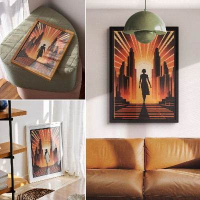 Poster Stadssilhuett orange ljus kvinna